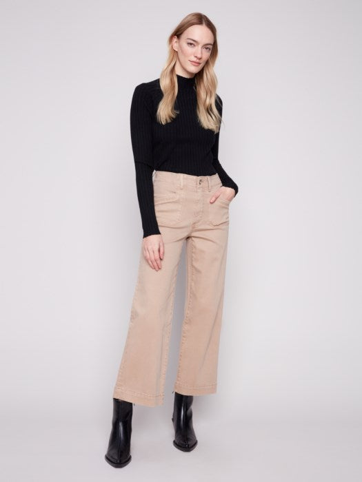 Charlie B wide leg cropped pants in neutral stretch twill