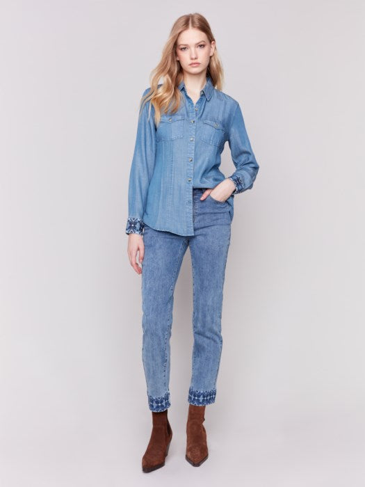 Charlie B Embroidered Cuff Tencel Shirt