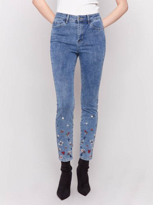 Charlie B Embroidered and Beaded Slim Fit Jeans