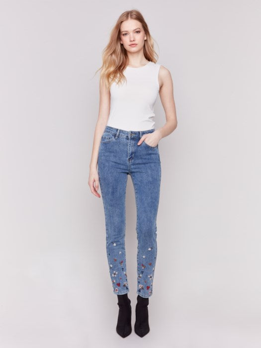 Charlie B Embroidered and Beaded Slim Fit Jeans