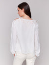 Back view of Charlie B long sleeve blouse in breathable cotton in white