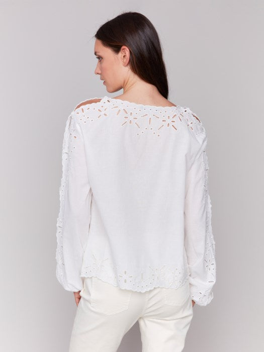 Back view of Charlie B long sleeve blouse in breathable cotton in white