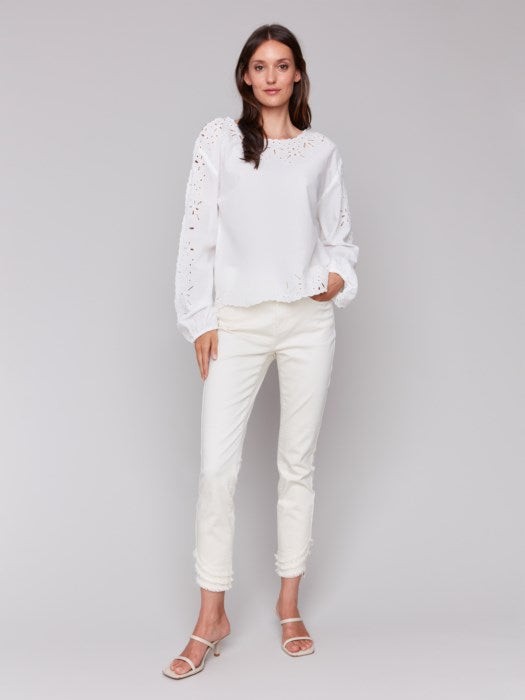 Charlie B white eyelet long sleeve cotton blouse with balloon sleeves in white