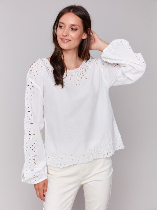 Charlie B white eyelet long sleeve cotton blouse with balloon sleeves in white