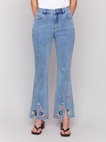 Charlie B Floral Embroidered Bootcut Jeans Light Blue