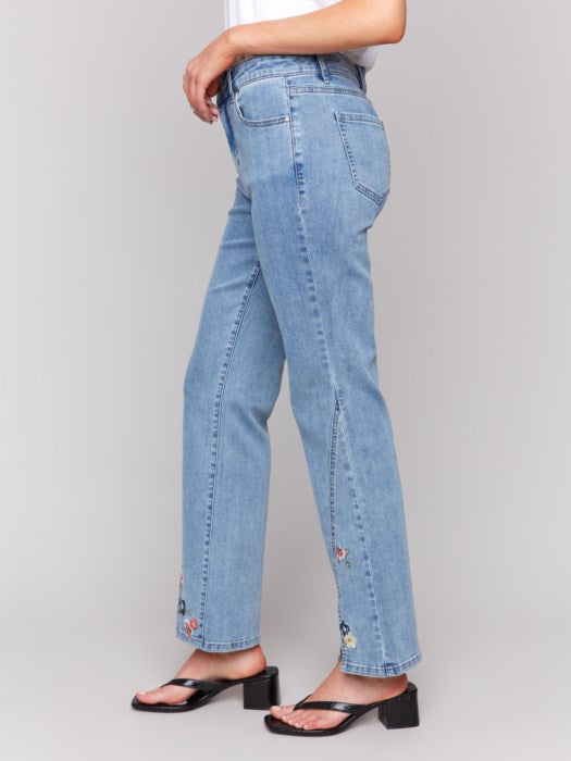 Charlie B Floral Embroidered Bootcut Jeans Light Blue