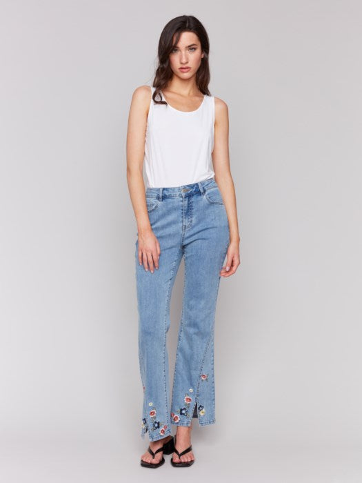 Charlie B Floral Embroidered Bootcut Jeans Light Blue