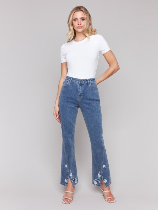 Charlie B Floral Embroidered Bootcut Jean Medium Blue