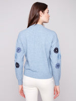 Back view of Charlie B Floral Embroidery Crew Neck Sweater