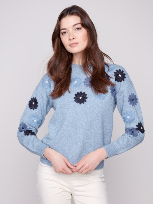 Charlie B Floral Embroidery Crew Neck Sweater with embroidered blooms