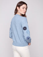 Back view of Charlie B Floral Embroidery Crew Neck Sweater