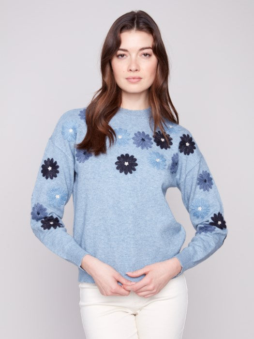 Charlie B Floral Embroidery Crew Neck Sweater with embroidered blooms
