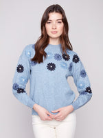 Charlie B Floral Embroidery Crew Neck Sweater with embroidered blooms