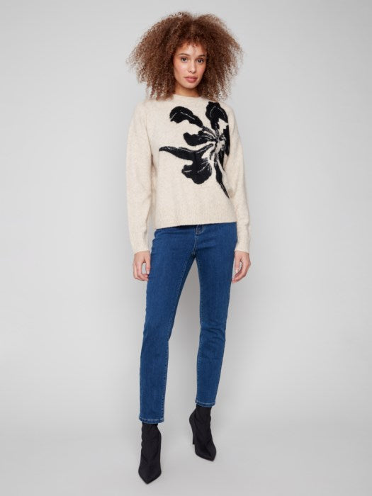 Charlie B floral jacquard crew neck sweater with bold knit flower