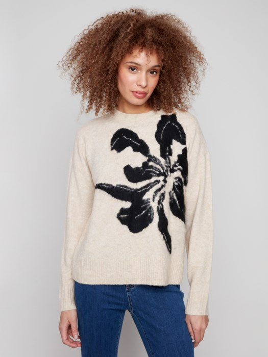 Charlie B floral jacquard crew neck sweater with bold knit flower