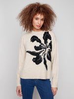 Charlie B floral jacquard crew neck sweater with bold knit flower
