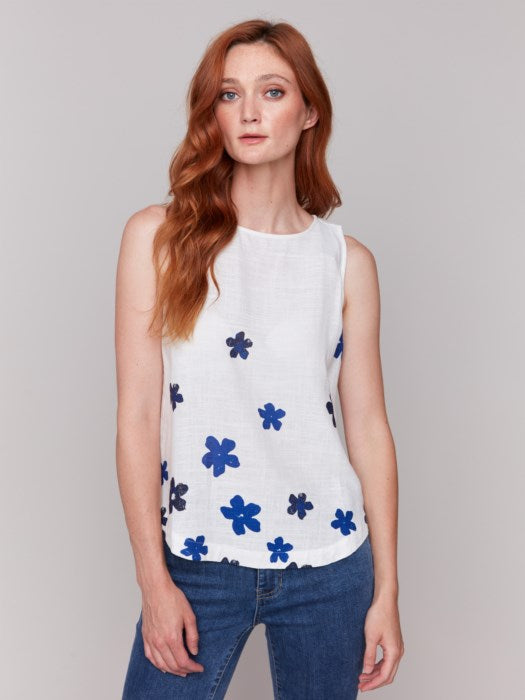 Charlie B floral print sleeveless top with rounded hem