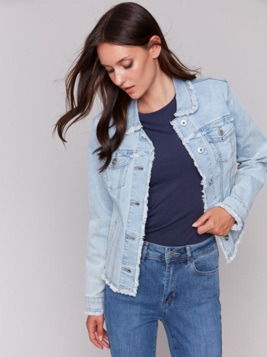 Charlie B Jean Jacket Frayed Hem Bleach Blue