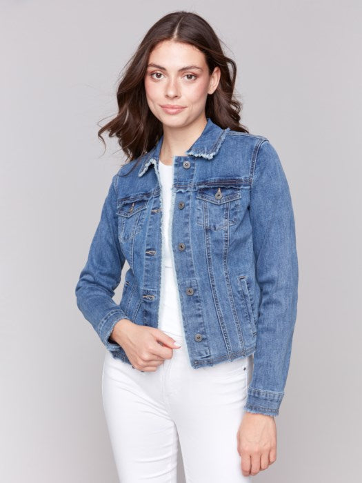 Charlie B Jean Jacket Frayed Hem Medium Blue