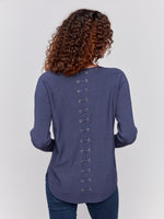 Charlie B Back Eyelet Sweater Heather Denim