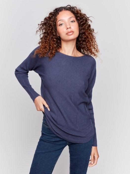 Charlie B Back Eyelet Sweater Heather Denim