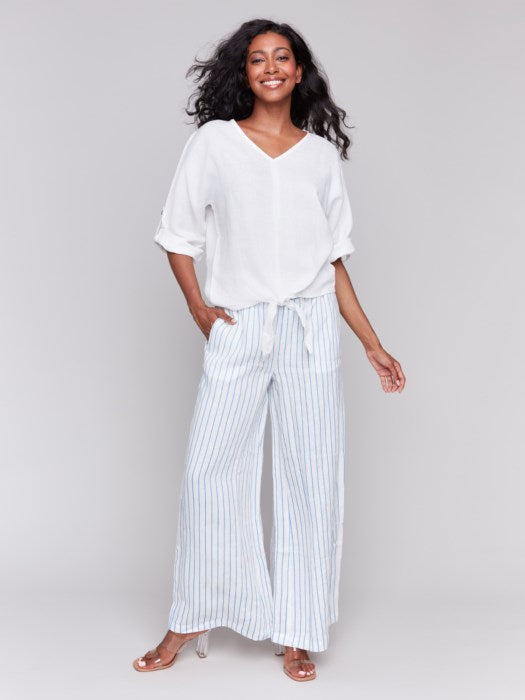 Linen Blend 3/4 Sleeve Top with Front Tie