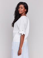 Linen Blend 3/4 Sleeve Top with Front Tie