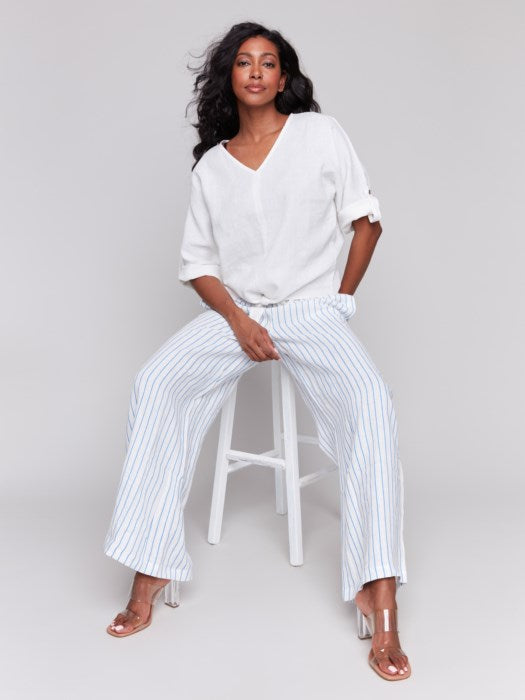 Linen Blend 3/4 Sleeve Top with Front Tie