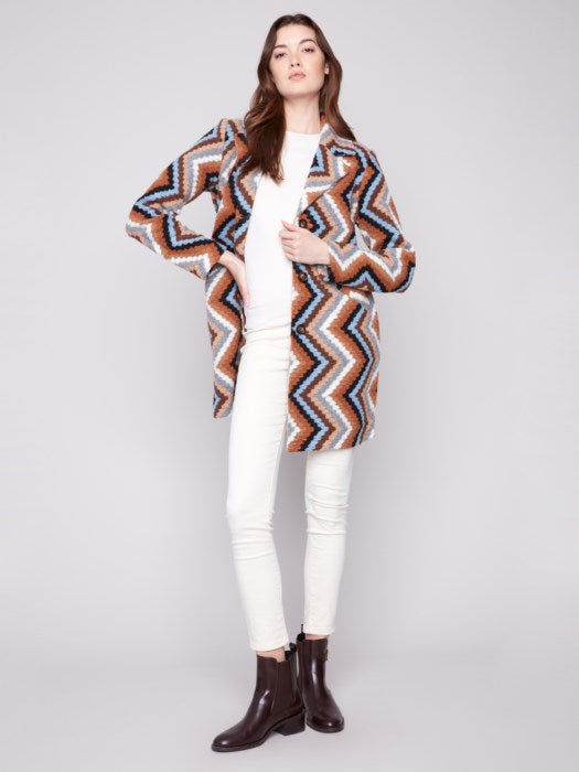 Charlie B Long Crochet Coat in crochet-inspired texture with button front