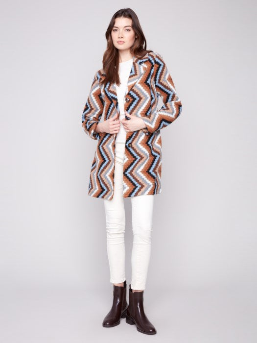 Charlie B Long Crochet Coat in crochet-inspired texture with button front