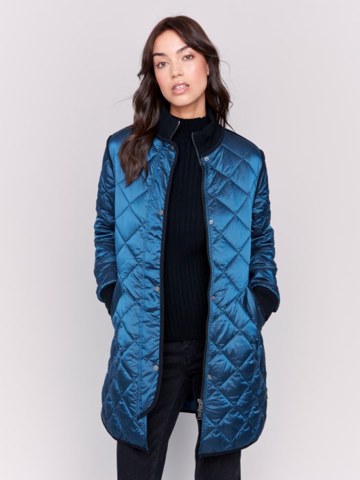 Charlie B Long Quilted Puffer Jacket Peacock