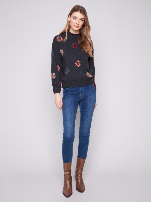 Mock Neck Sweater With Floral Embroidery