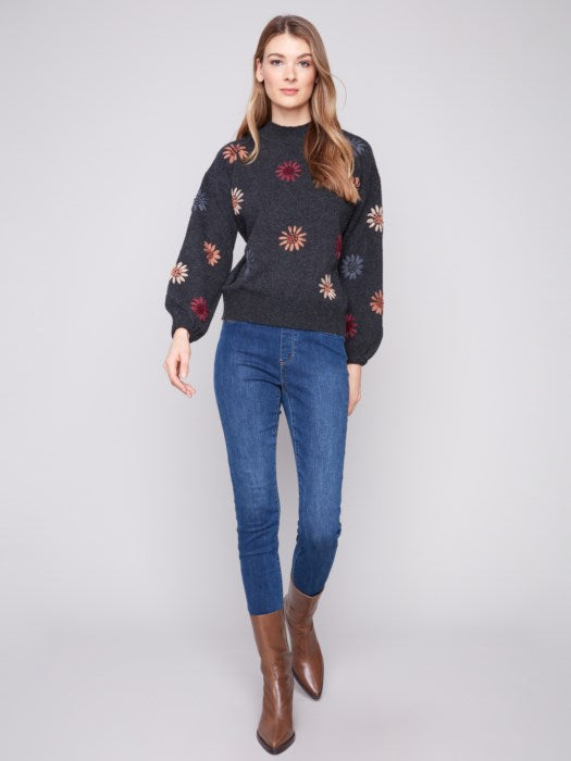 Mock Neck Sweater With Floral Embroidery
