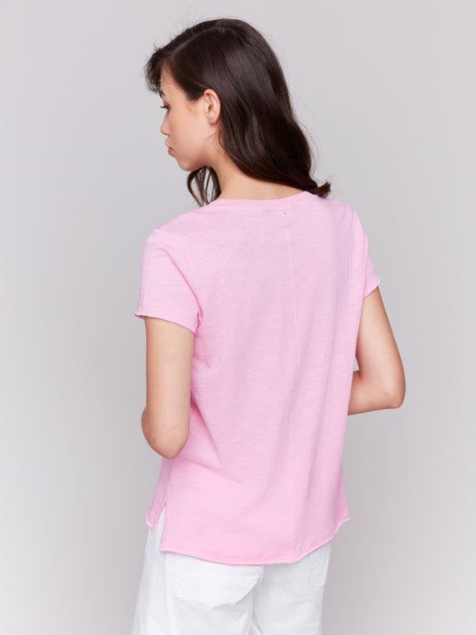 Back view of Charlie B slub top in breathable organic fabric