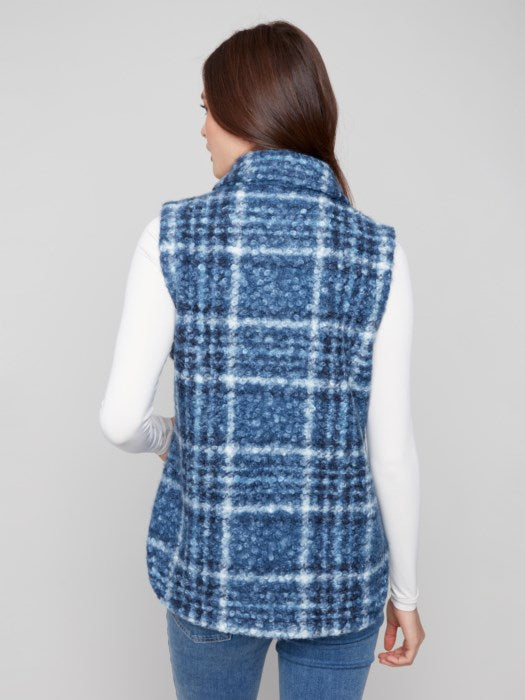 Back view of Charlie B Plaid Bouclé Knit Vest showing tailored fit