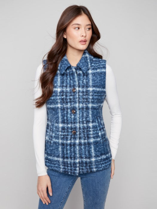 Charlie B Plaid Bouclé Knit Vest with tailored fit and button front