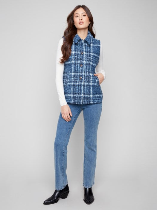 Women’s plaid vest with welt pockets styled for fall at The Lazy Daisy
