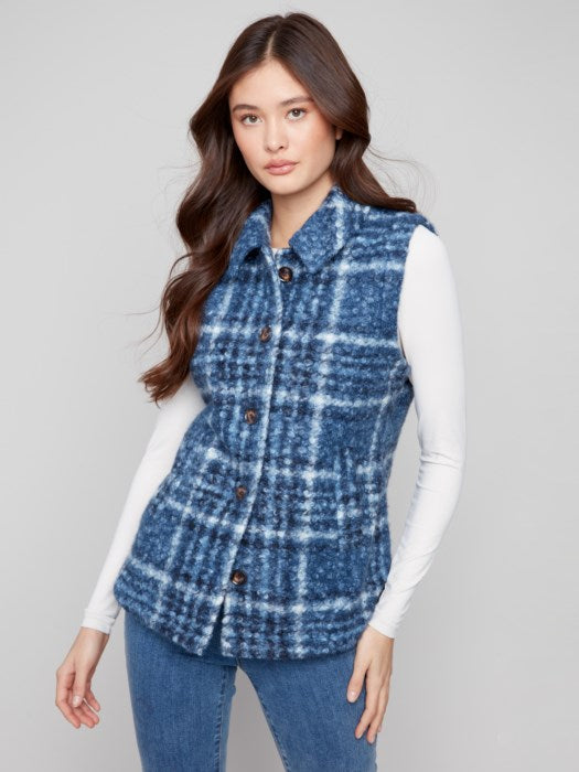 Charlie B Plaid Bouclé Knit Vest with tailored fit and button front