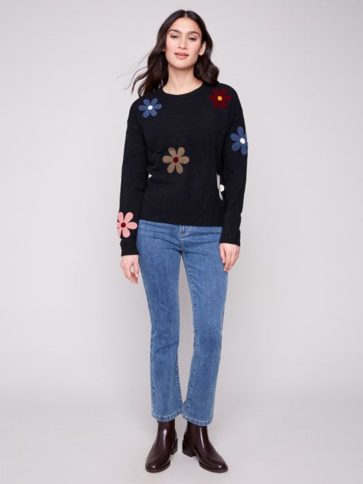 Charlie B plush sweater with textured boucle flower accents