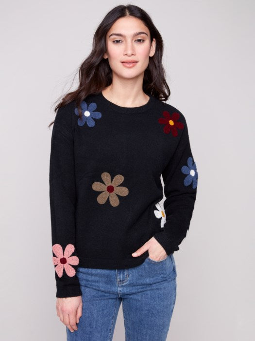 Charlie B plush sweater with textured boucle flower accents