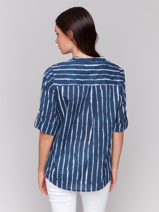 Back view of lightweight vertical stripe blouse by Charlie B