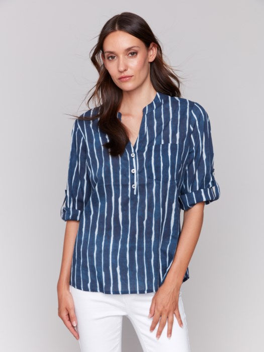 Charlie B striped cotton blouse with Mao collar and pocket
