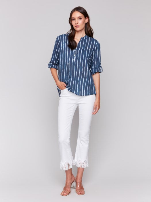 Relaxed fit striped cotton blouse styled for summer
