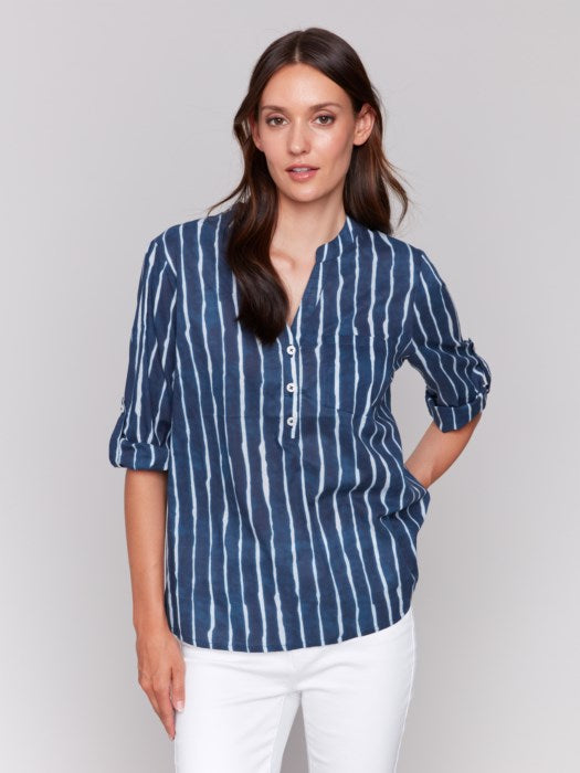 Charlie B striped cotton blouse with Mao collar and pocket