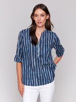 Half-button cotton top with long roll-up sleeves