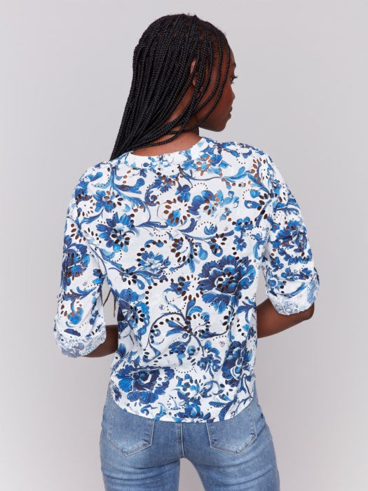Back view of printed eyelet blouse in soft cotton