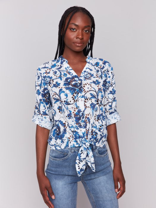 Charlie B printed cotton blouse with front tie and eyelet detail
