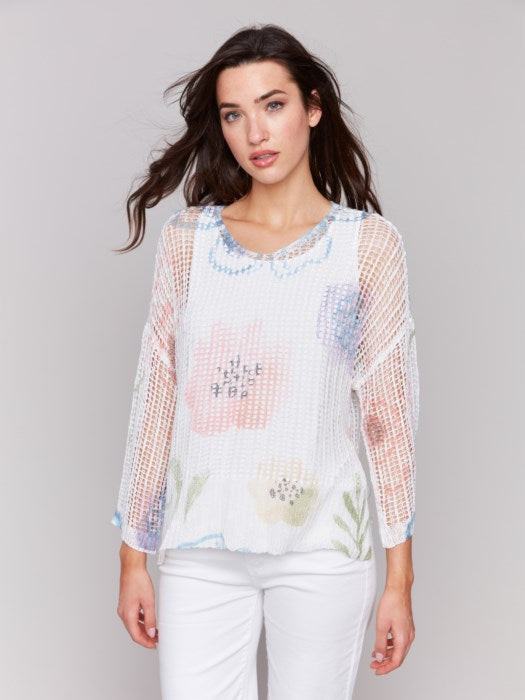 Charlie B Printed Fishnet Crochet Sweater