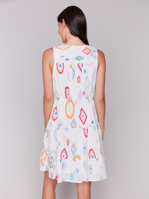 Charlie B printed cotton dress with ruffle neckline and tie waist, perfect for summer