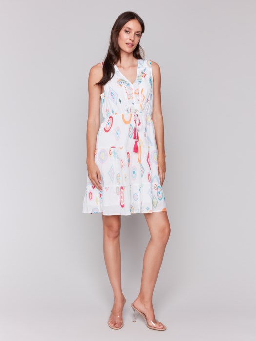 Charlie B sleeveless cotton ruffle dress with colorful print and V-neckline